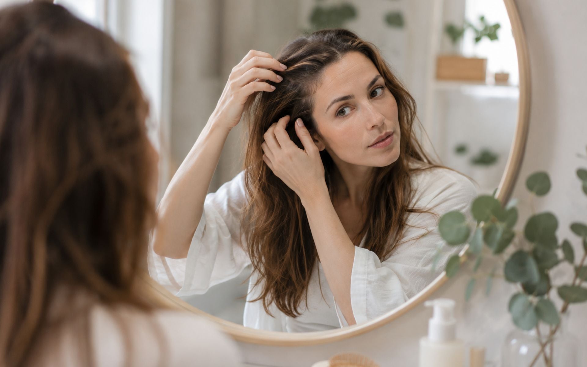 Femme examinant la densité de ses cheveux devant un miroir dans une salle de bain lumineuse, illustration des interrogations liées à la chute de cheveux, à la biotine et à la santé capillaire.