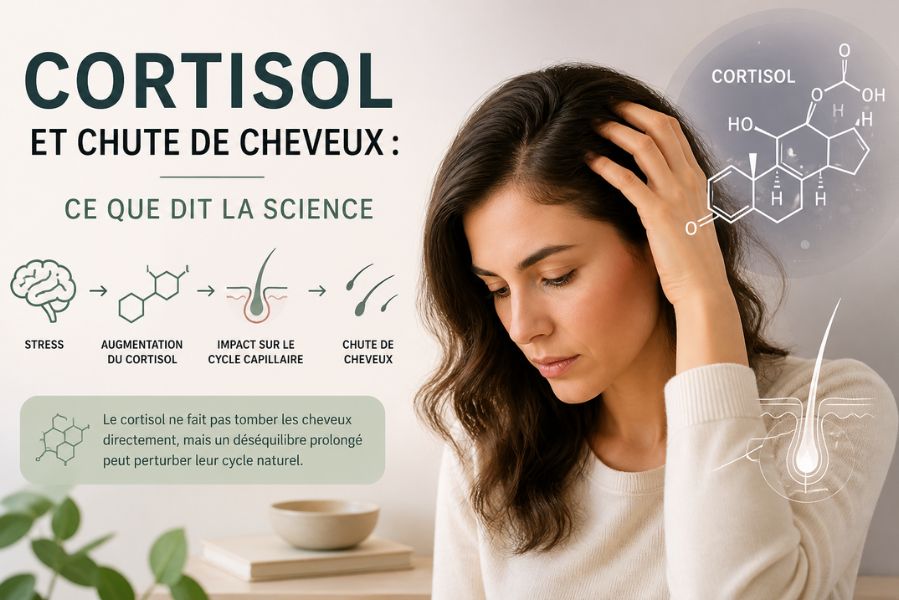 femme touchant ses cheveux avec illustration du cortisol montrant le lien entre stress et chute de cheveux