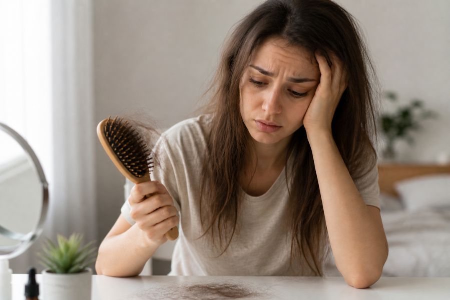 femme fatiguée observant des cheveux tombés sur une brosse illustrant une chute de cheveux liée à la fatigue