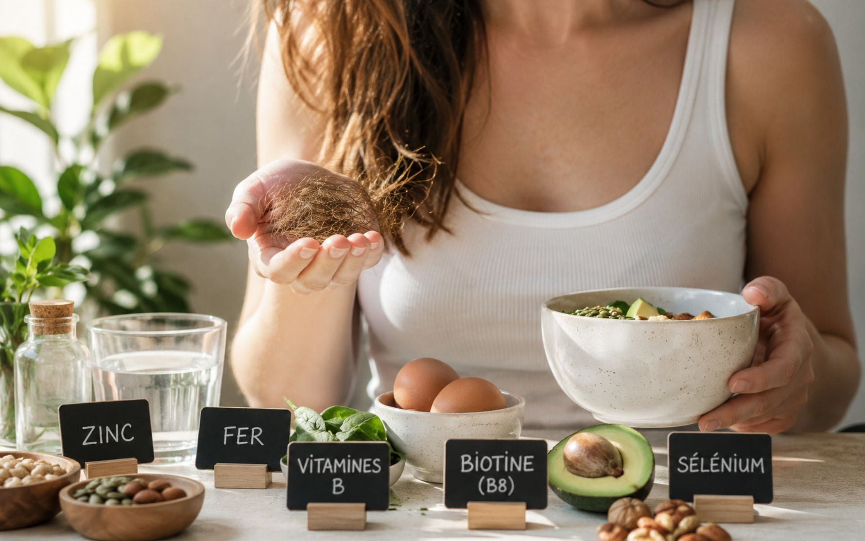 Femme observant une chute de cheveux tout en découvrant des aliments riches en biotine, fer, zinc, sélénium et vitamines du groupe B, illustrant le rôle de la nutrition dans la santé capillaire.