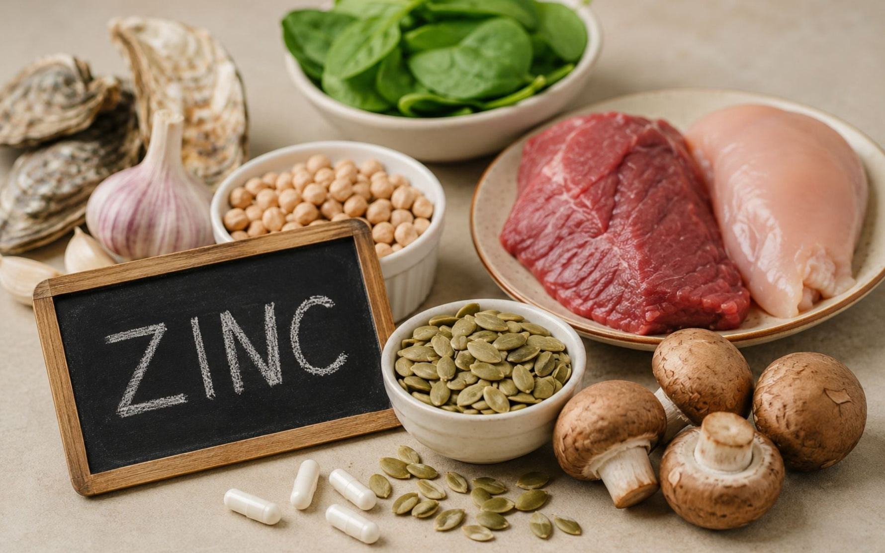 Aliments naturellement riches en zinc présentés sur une table, notamment graines de courge, légumineuses, huîtres, viande, volaille et champignons, en lien avec la santé capillaire et la prévention des carences nutritionnelles.